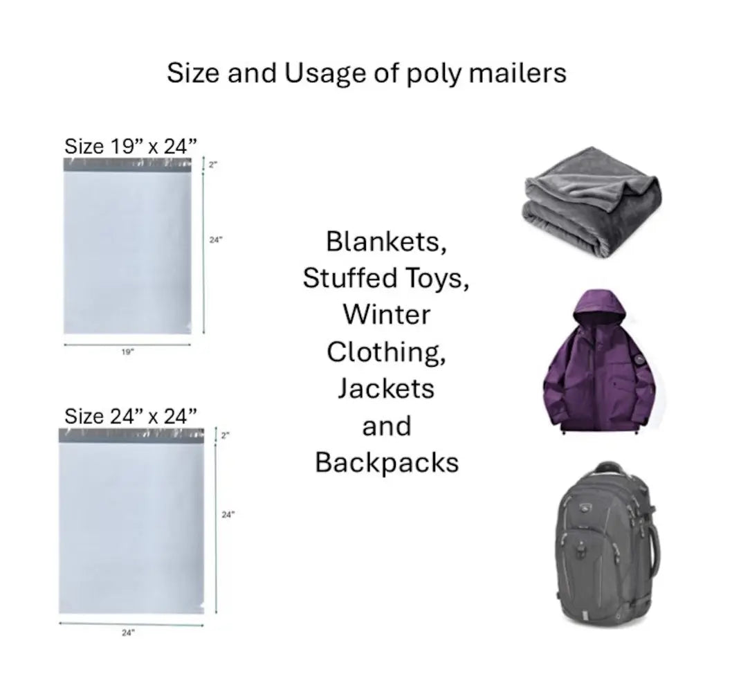 Diagram showing the size and usage of poly mailers for blankets, stuffed toys, winter clothing, jackets, and backpacks.