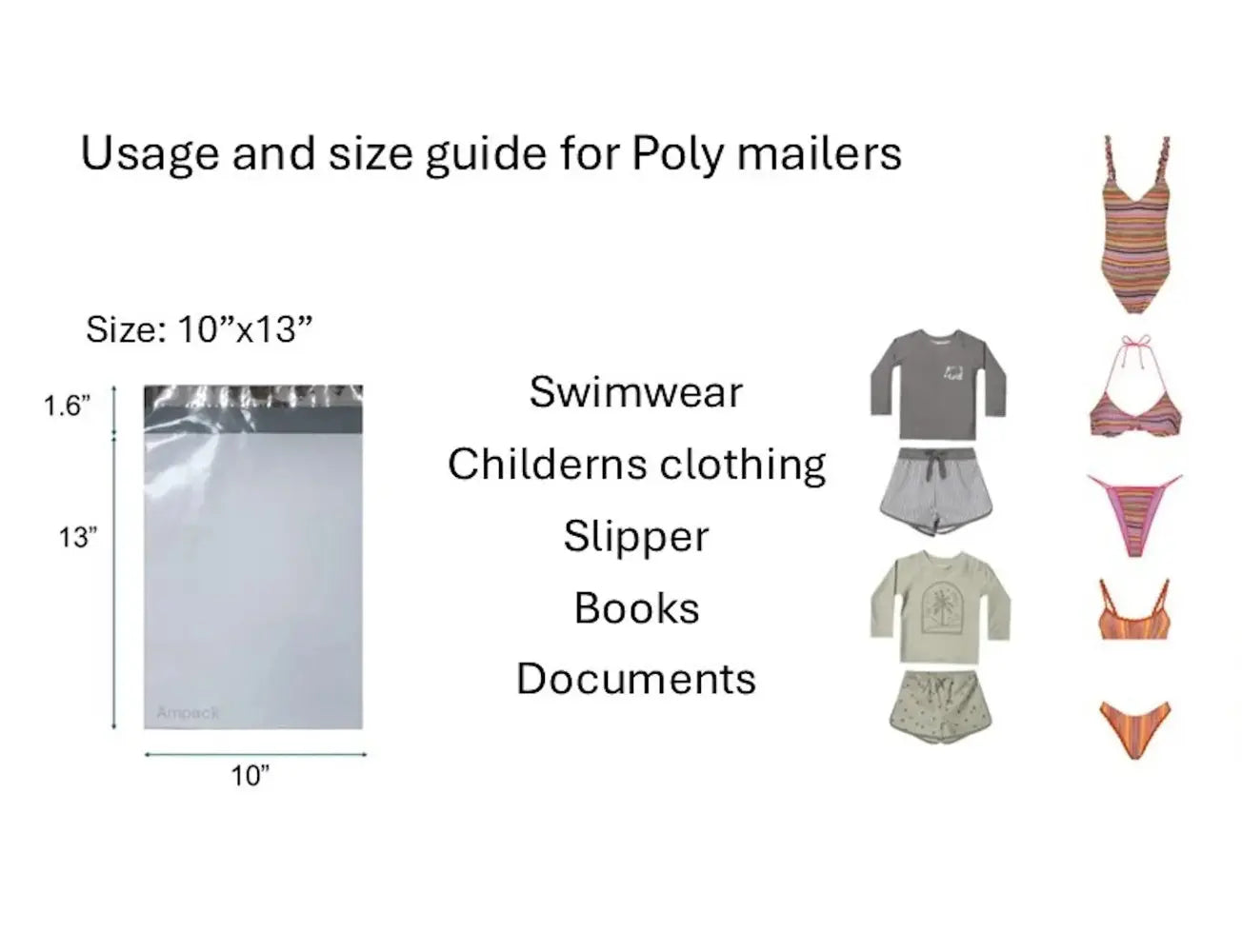 Usage and size guide for Poly mailers with dimensions and examples of items they can hold.