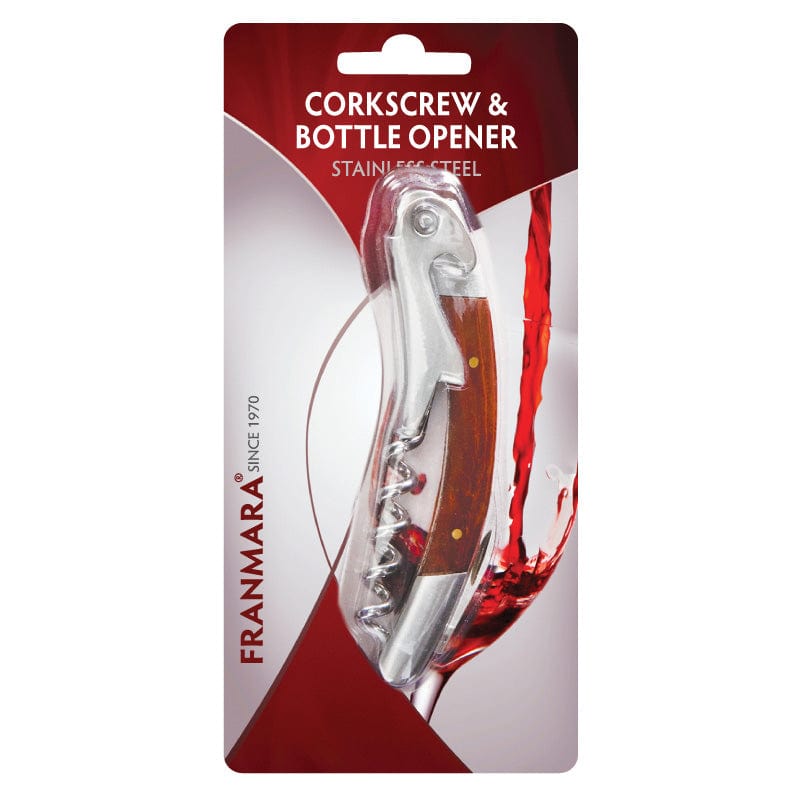 Curved Stainless Corkscrew With Burgundy Color Wood Inset Ampack