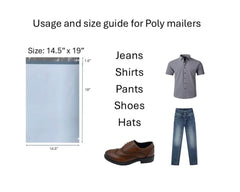 Usage and size guide for Poly mailers with dimensions, clothing items, and an example poly bag.
