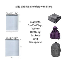 Diagram showing the size and usage of poly mailers for blankets, stuffed toys, winter clothing, jackets, and backpacks.
