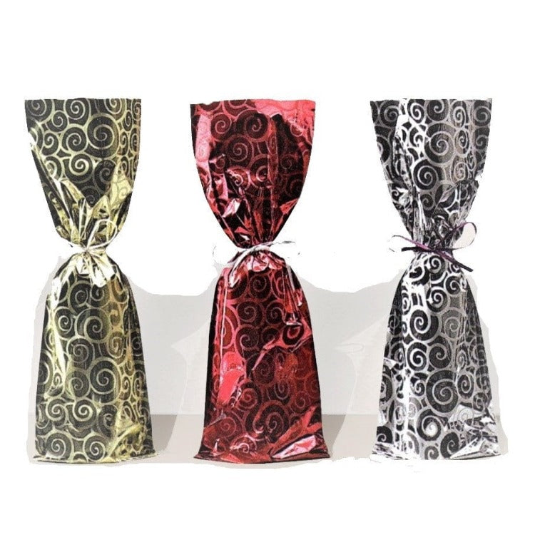 Mylar wine Gift Bag - Swirl Design-7 x 18- Red, gold and Silver- 500Pcs/case - Ampack